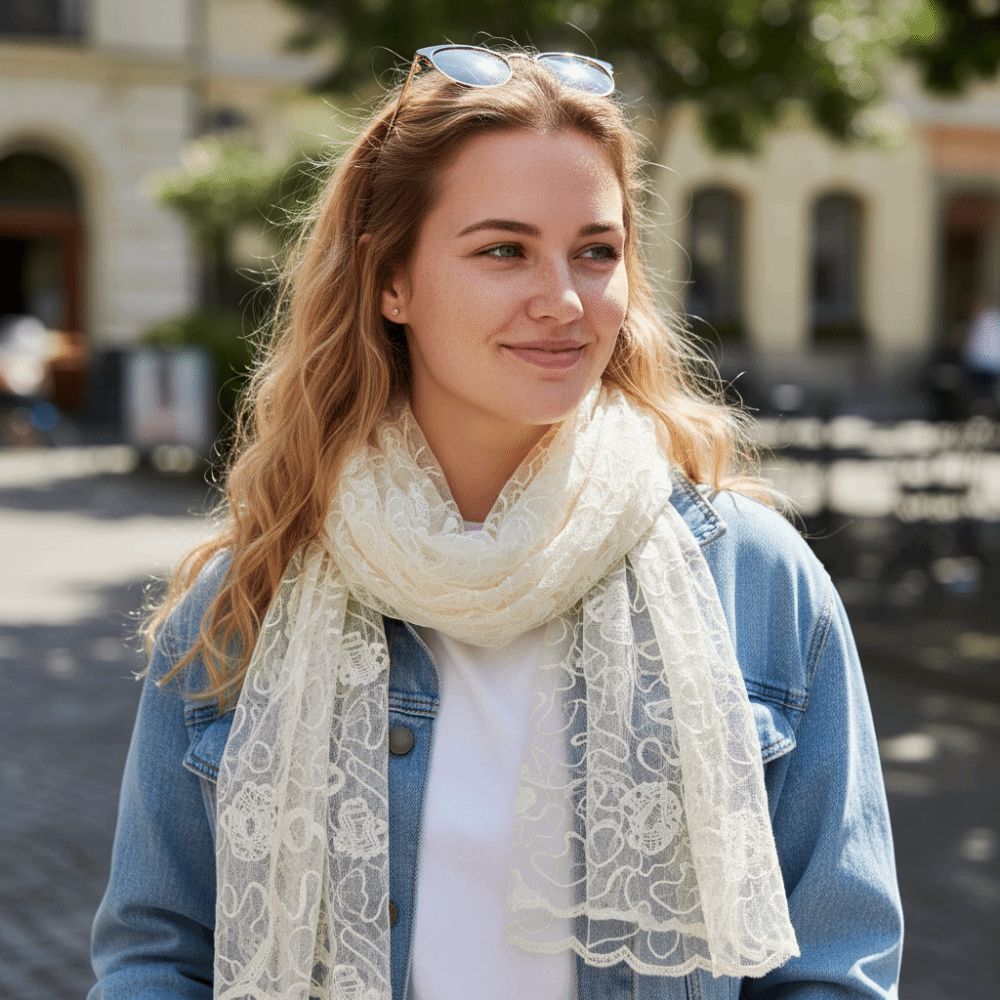 Elegant Embroidered Flower Lace Scarf Lightweight Breathable Mesh Sunscreen Shawl Long Silk Scarf Women