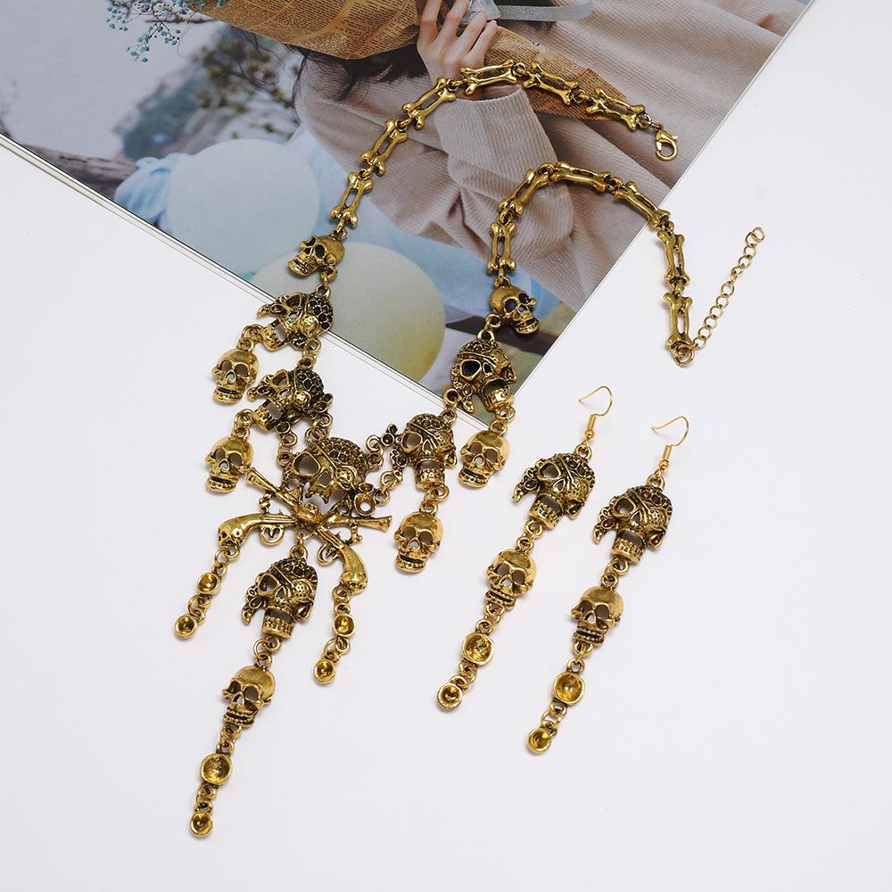 Vintage Goth Punk Skeleton Skull Statement Necklace Earrings for Men Women Party Accessories
