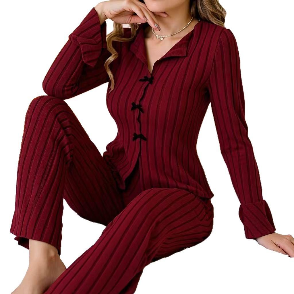 Women's European & American Autumn/Winter Lapel Bow Pajama Set - Sexy Long Sleeve, Long Pants