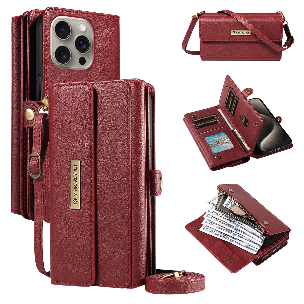 

For iPhone 15 Pro Max Case YIKATU YK-008 Zipper Wallet Leather Phone Cover with Shoulder Strap Red
