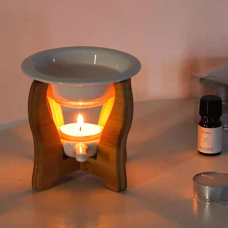 Natural Bamboo Ceramic Essential Oil Diffuser Candle Warmer Aromatherapy Burner | Modern Tealight Fragrance Lamp Home Deco