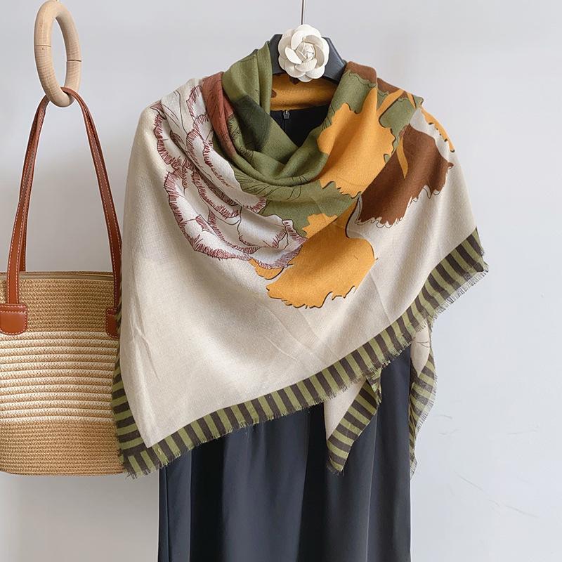 Literary Style Niche Plant Painting Pattern Square Scarf Fashion Trend Shawl Scarf