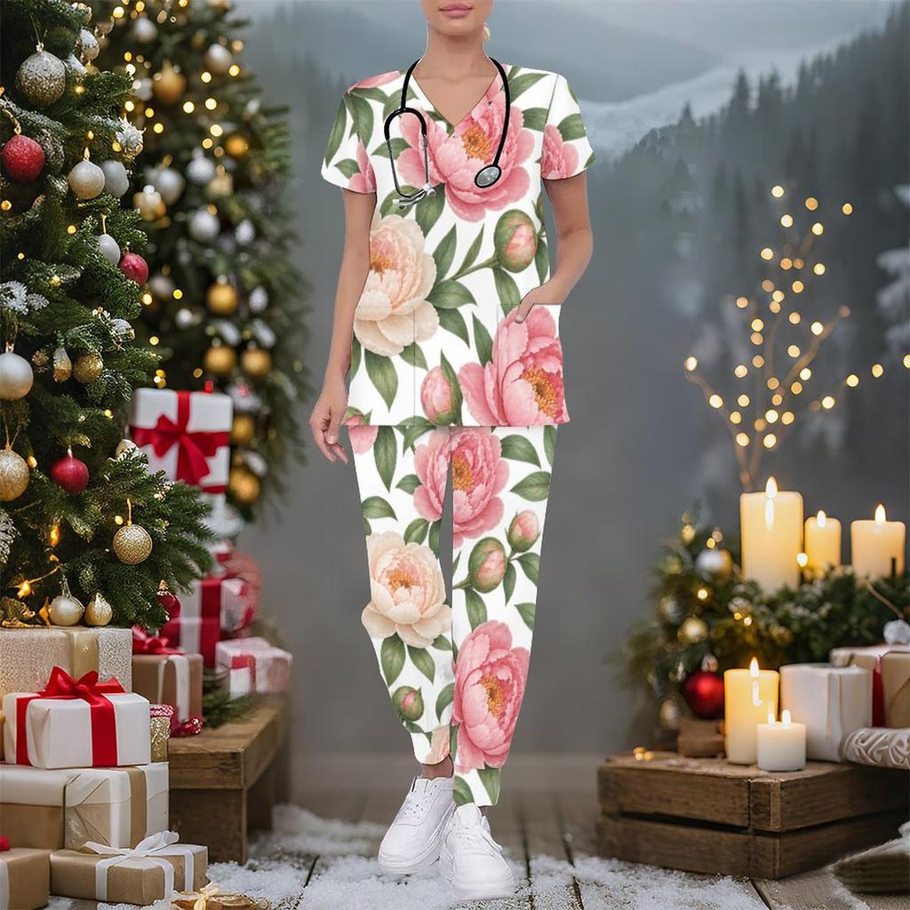 Women Plus Size Floral Printed Nurse Scrub Set V Neck Short Sleeve Pocket Top Long Pants