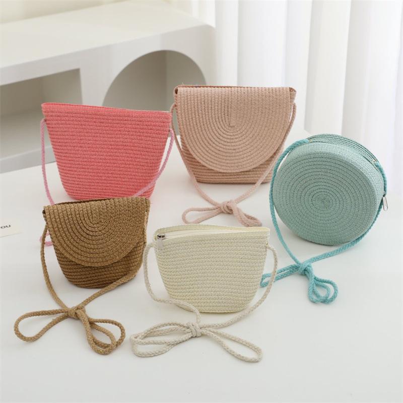 Summer Solid Color Straw Bag Shoulder Messenger Round Bag Children Versatile Outing Beach Bag Light Board DIY Round Weaving