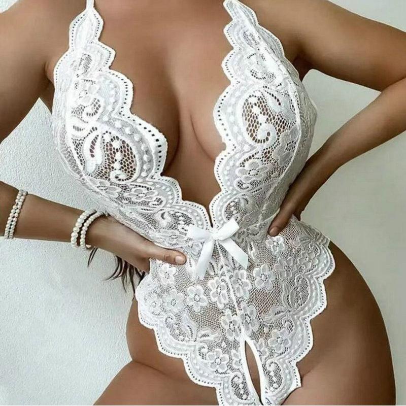 Erotic lingerie opening halter neck one-piece pajamas lace-up bow back open lace sexy pajamas woman