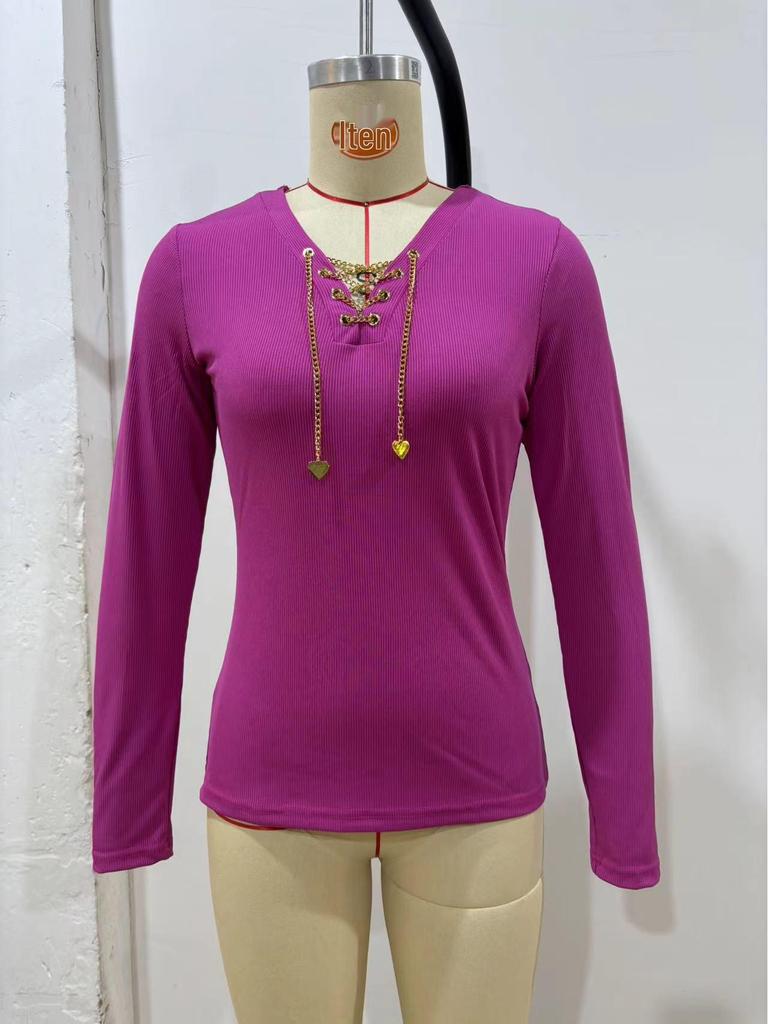 Elegant V-Neck Long-Sleeve Chain Women's Autumn/Winter Casual Top