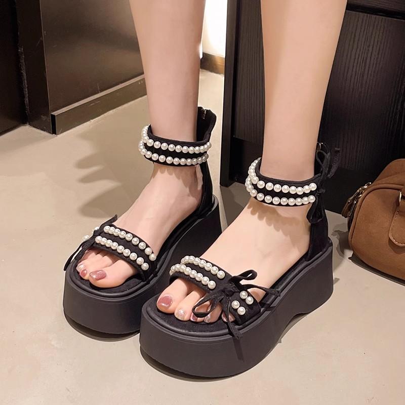 Fashion Platform Sandals Spring and Summer New Pearl Muffin Bottom Elastic Student Leisure Women Word with Sandals