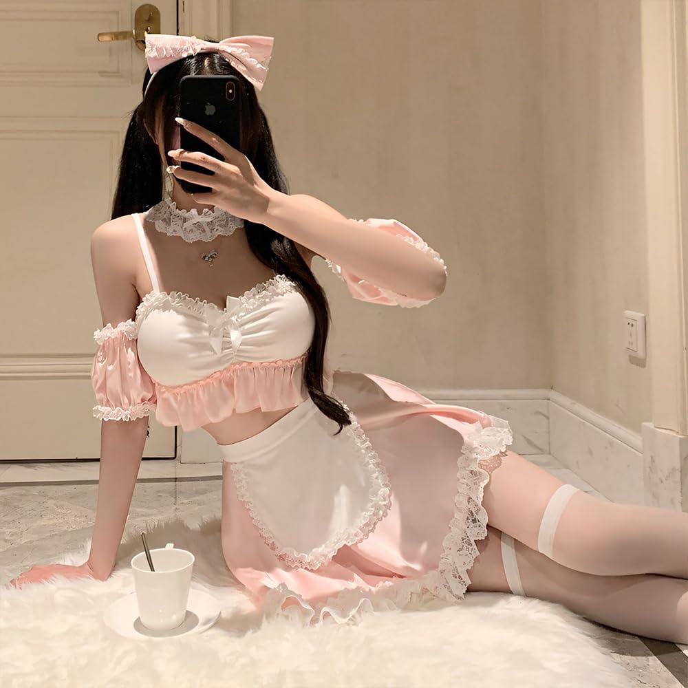 Cosplay Sexy Maid Clothes Apron Blue Pink Extreme Sleeveless Bow Tie Ruffle Sexy Erotic Clothing Halloween Costume Moe Moe Cute Ladies Photo Session