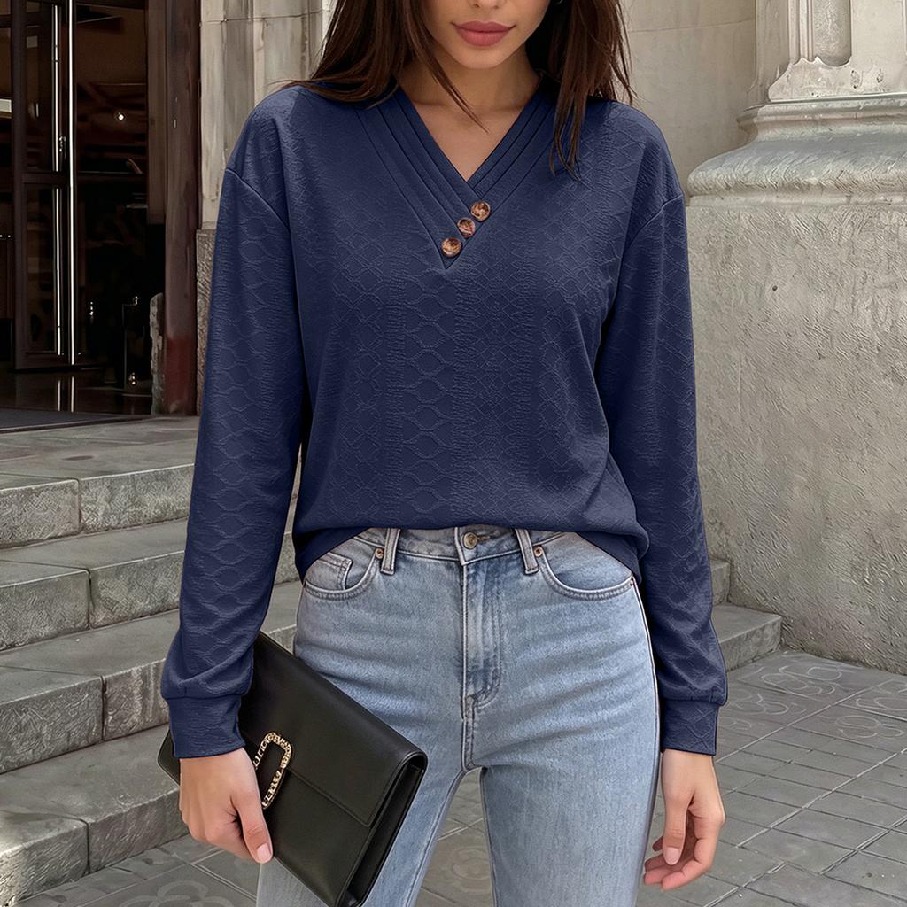 Women's V-Neck Button Front Long Sleeve Loose Fit Tunic Top for Casual Daily Wear