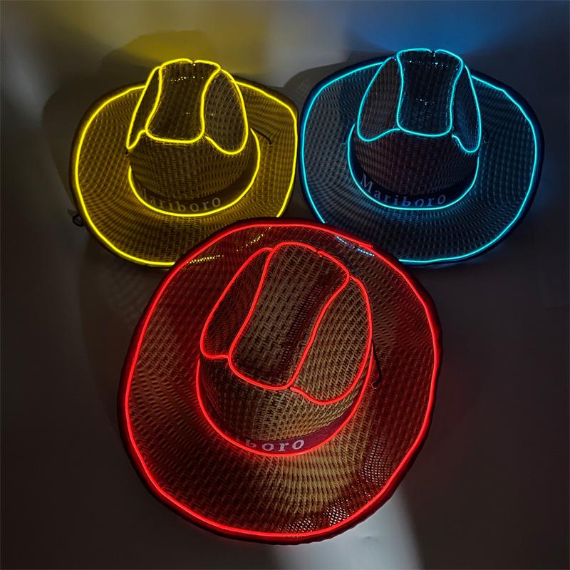 LED Luminous Cowboy Hat - Western Style for Men & Women, Large Brim Straw Sun Hat for Summer and Outdoor Performances