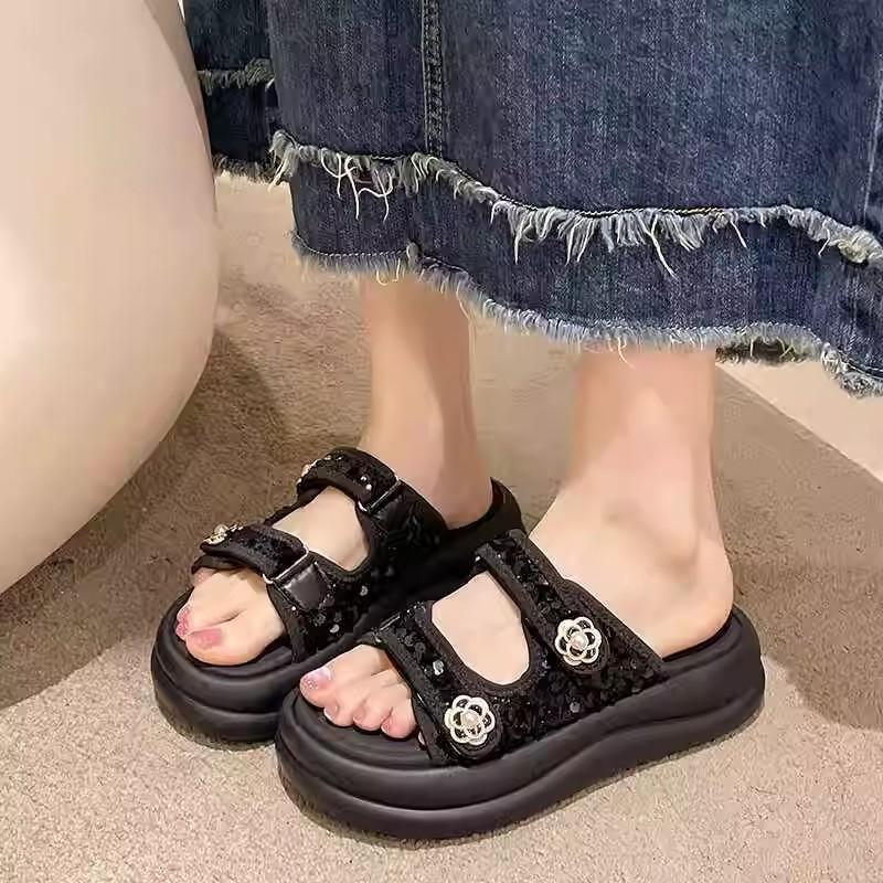 Summer new sequined Velcro style sandals women's platform casual fashion cool slippers
