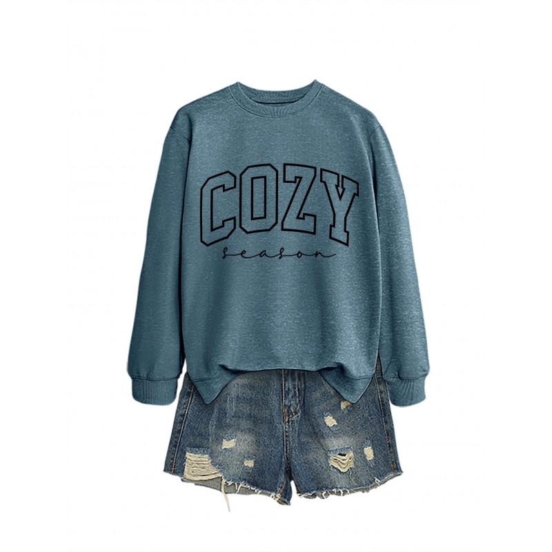 Womens Cozy Casual Round Neck Long Sleeve Cotton Sweatshirt With Letter Print Loose Fit