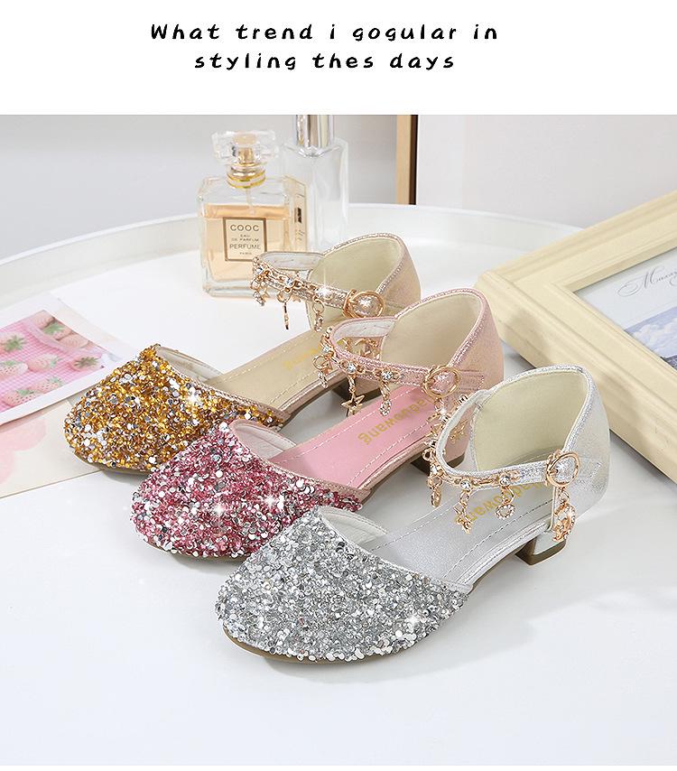 Girls' Crystal Sequin Princess Sandals 2025 - Summer High Heels with Hollow Design