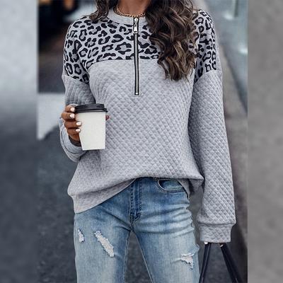 Leopard Print Stitching Zipper Sweatshirt Women's Casual Warm Long-sleeved Top
