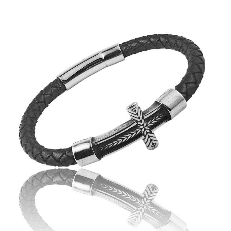 

Simple Leather Bracelet Cross Popular Carved with Wheat Ear Pattern Men s Bracelet for Men Stainless Steel Clasp Jewelry Gift 20.5cm серебряный