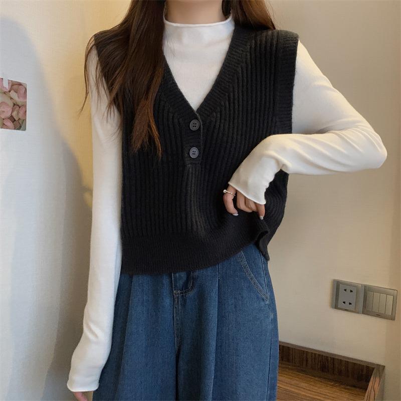 Women's Autumn 2025 Knitted Sleeveless Vest - Korean Style V-Neck Solid Color Outerwear