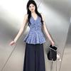 Korean retro blue plaid sleeveless neck sling vest women's summer new waist design niche top