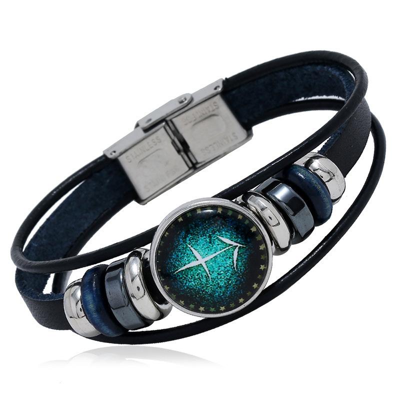 Multi Layer Constellation Leather Bracelet 12 Zodiac Sign Adjustable Fashion Jewelry for Unisex Gift Occasion