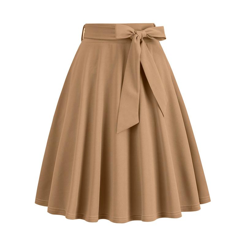 

European & American Women s Retro Belted A-line Skirt with Hepburn Style Bow Pockets L абрикосовий