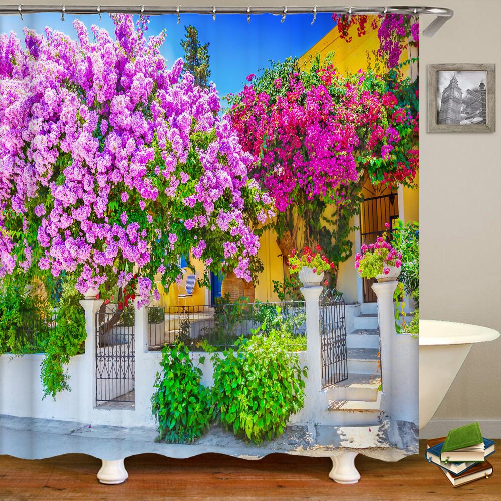 Flowers Scenery Waterproof Shower Curtains Rural Street Flowers Bathroom Curtains Polyester Fabric Washable Decor Bath Curtains