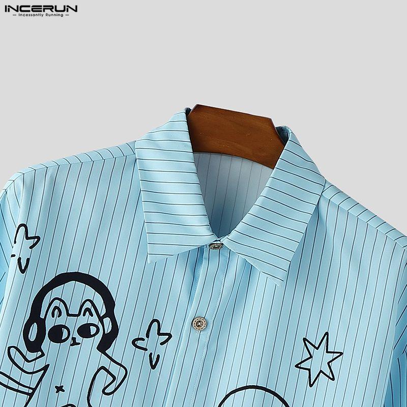 INCERUN S-5XL Men Lapel Neck Long Sleeve Cute Print Casual Loose Oversized Tops Shirts