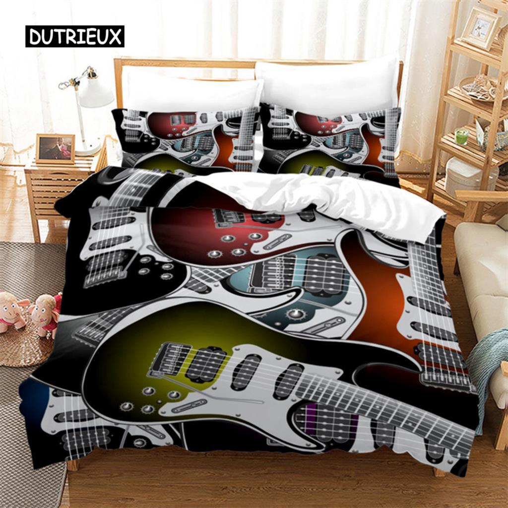 Guitar Queen Duvet Cover Rock Music Theme Bedding Set Grunge Color Splashed Brick Wall Background Electronic Guitar Mics Design
