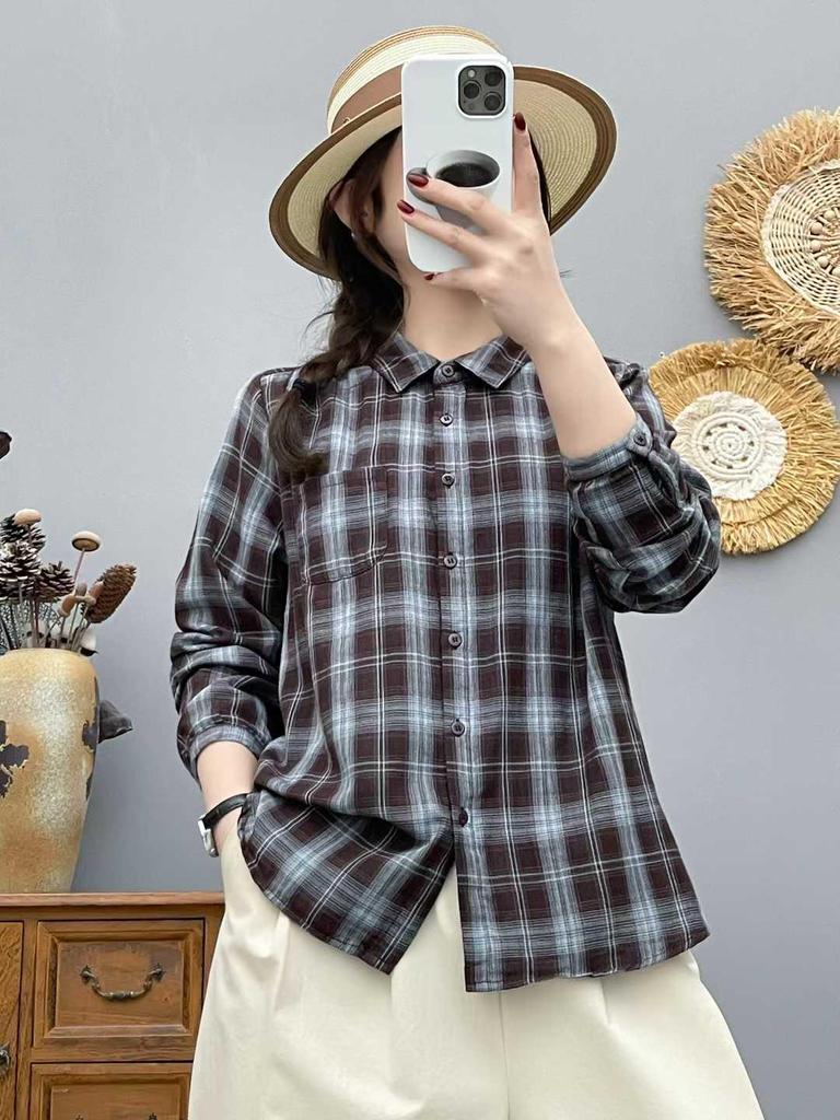 Women's Autumn Plaid Double-Layer Long-Sleeve Cotton Shirt - Japanese Style, Soft, Skin-Friendly, Breathable