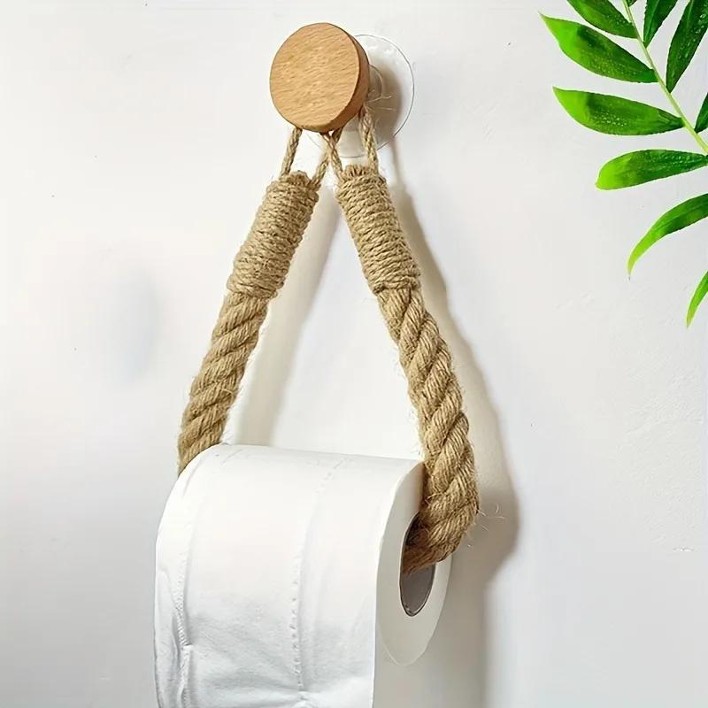 1pc Rustic Hemp Rope Paper Towel Holder Solid Wood Construction Space-Saving Storage for Face Towels.