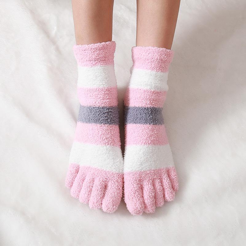 Women Winter Warm Coral Fleece Five Toe Towel Socks Non Slip Cozy Home Floor Sleep Wear Soft Comfortable Essential