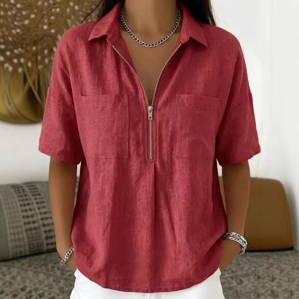 Women's Fashion Color Loose Collar Short Sleeve Casual Shirt V-neck Zipper Top