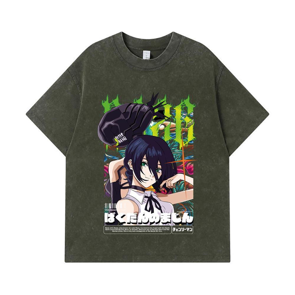275 GSM Washed T-shirts 100% Cotton Chainsaw Man V54 Reze Print Unisex Heavy Cotton T Shirt