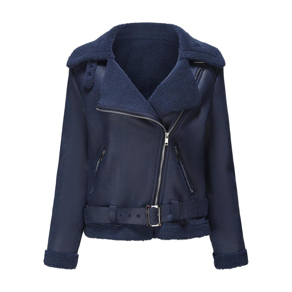 New Fashionable Ladies' Suede Jacket with Fur Lining Retro Thick Lapel Diagonal Zipper Belt Loose Women's Leather Coat