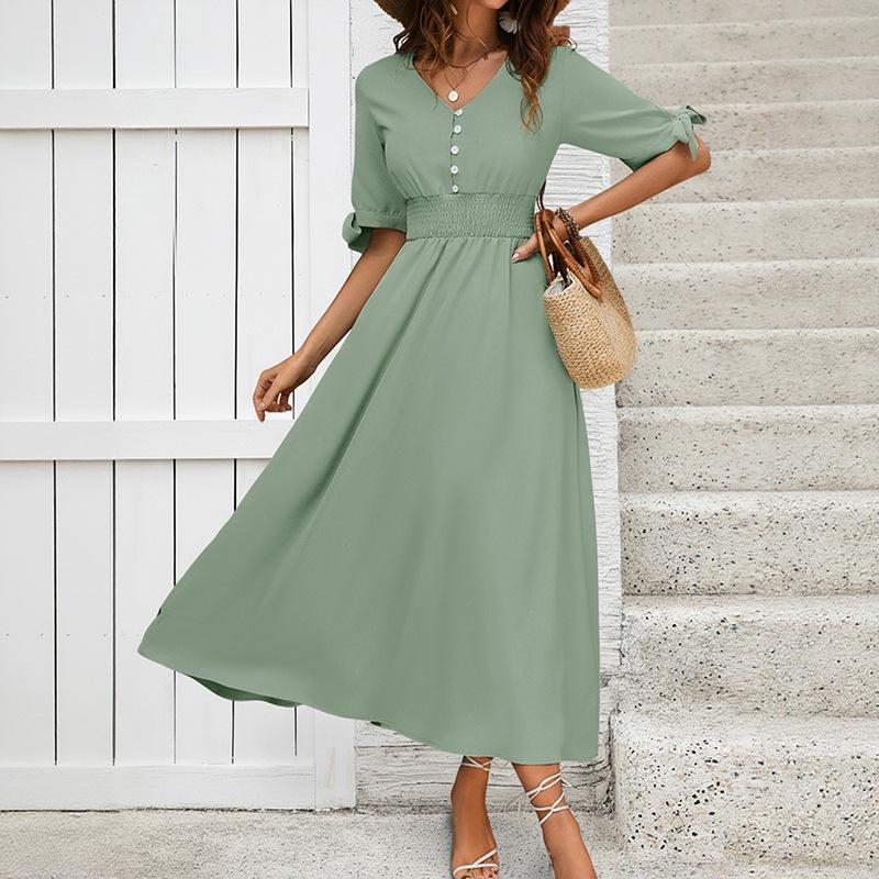 Elegante Vestito Midi Monocolore Scollo a V Vita Alta Arricciato per Donna