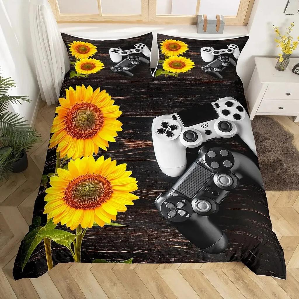 Sunflower Duvet Cover Set Full Size for Girl Yellow Flower Bedding Set Botanical Floral Comforter Cover on Teal Wood Quilt Cover