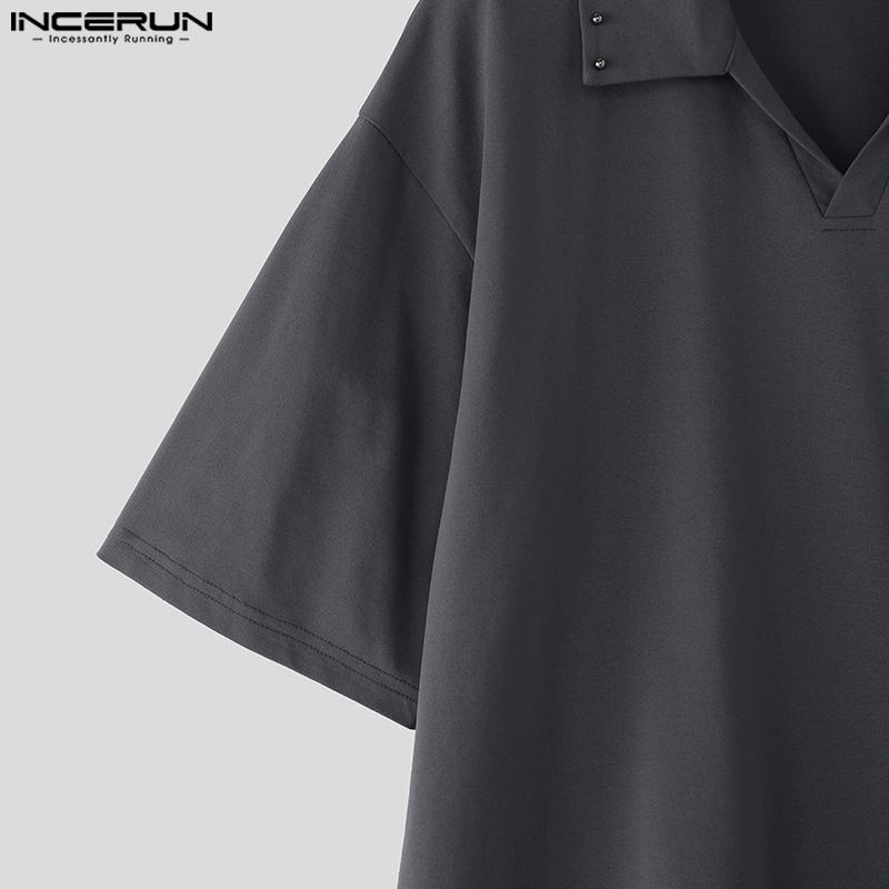 INCERUN Men Casual Turn-down Collar Short Sleeve Solid Color T-shirts