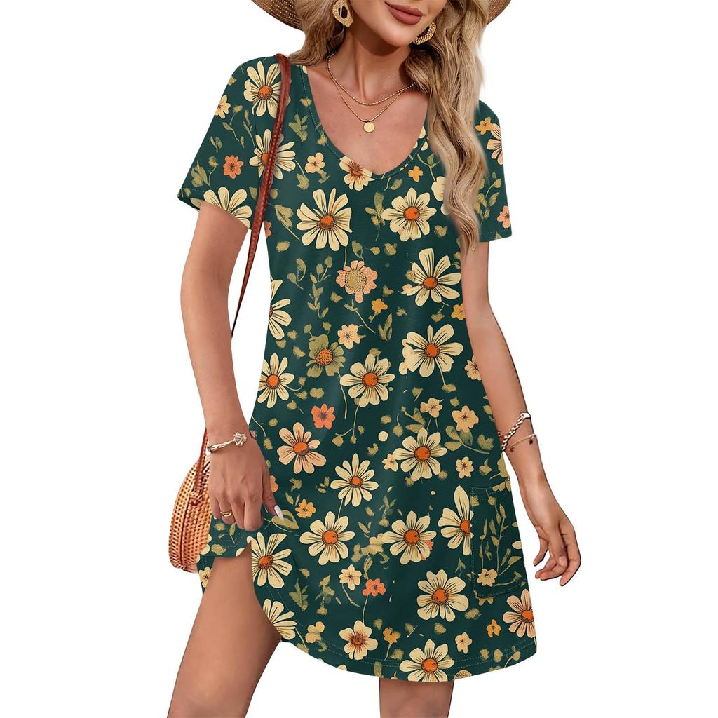 Summer Dresses For Women Loose V Neck Short Sleeve Casual T Shirt Dress Sundresses Swimsuit Coverup With Pockets