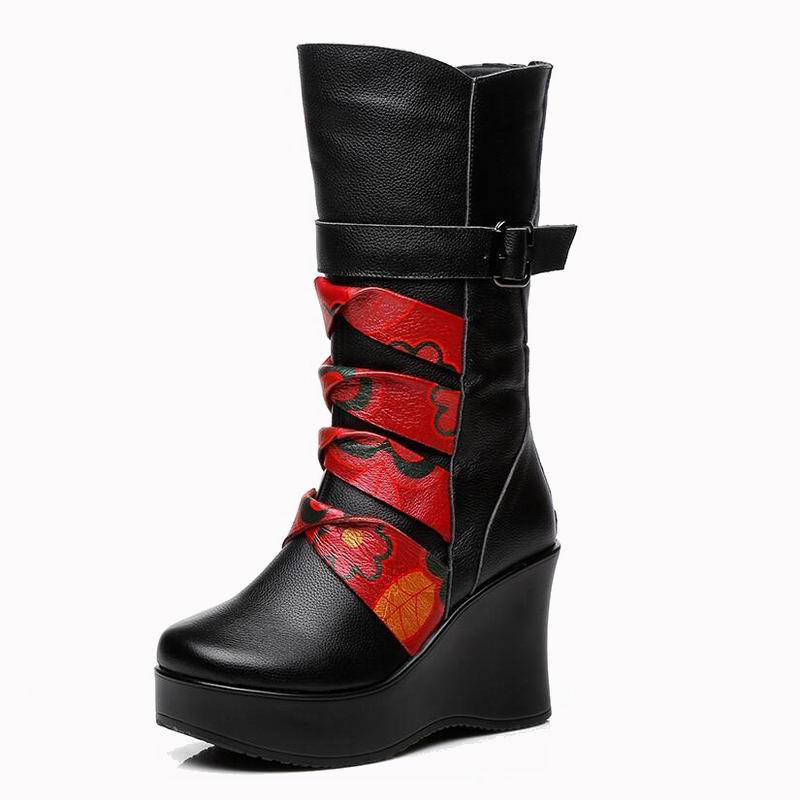 

Fashion GKTINOO New Fashion Genuine Leather Women s Boots Mid-Calf Winter Warm Shoes Casual Women Wedges Shoes Woman Motorcycle Boots 5 чёрный