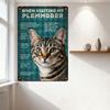 Vintage Metal Sign Teal Diamond Pattern Tabby Cat White Chest Green Eyes Distressed Rusty 'WHEN VISITING MY PLEMMBBER' Text Wall