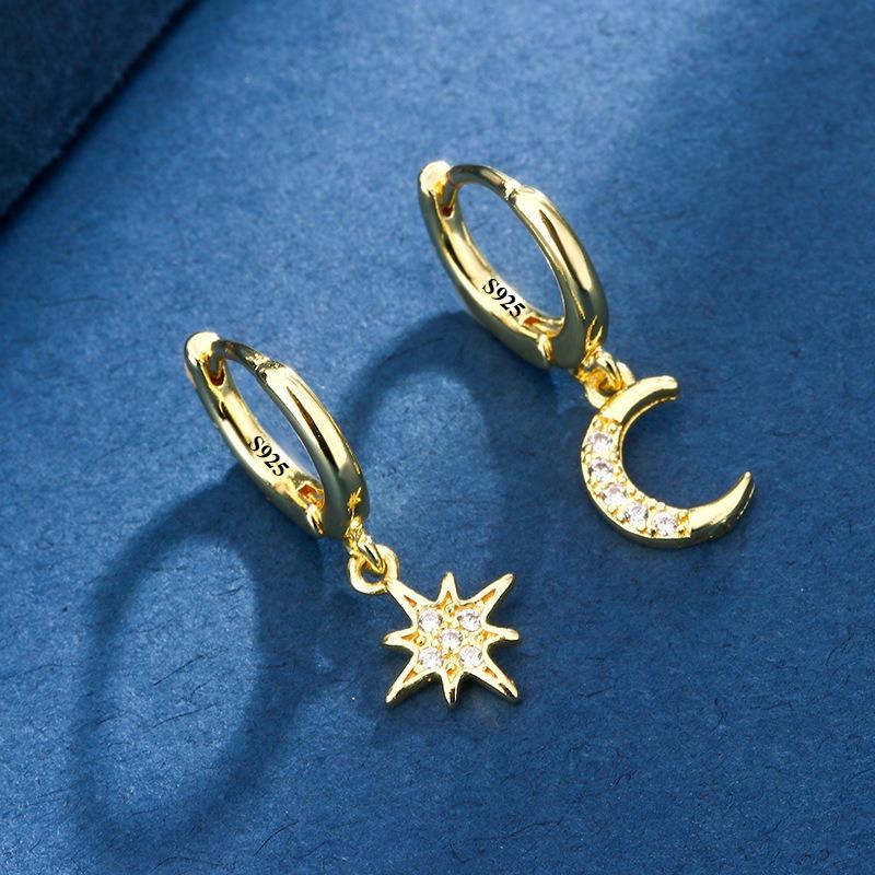 925 Silver CZ Star Moon Asymmetric Hoop Earrings for Women Gold Silver Stars Moon Circle Earrings Party Jewelry Gifts