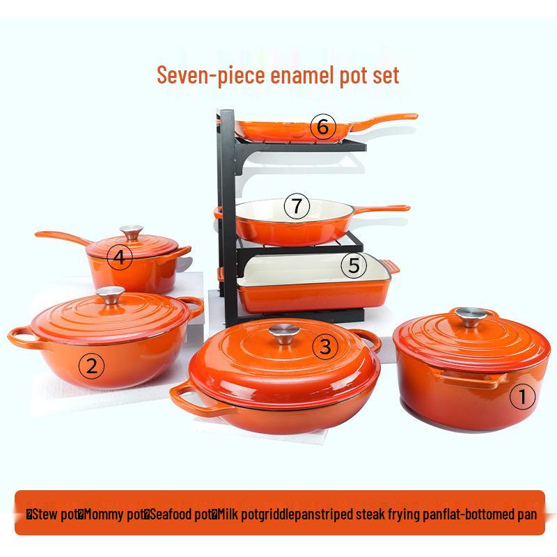 Seven-Piece Cast Iron Enamel Cookware Set: Includes Frying Pan, Flat-Bottom Pot, Stew Pot, Seafood Pot, and Mommy Pot