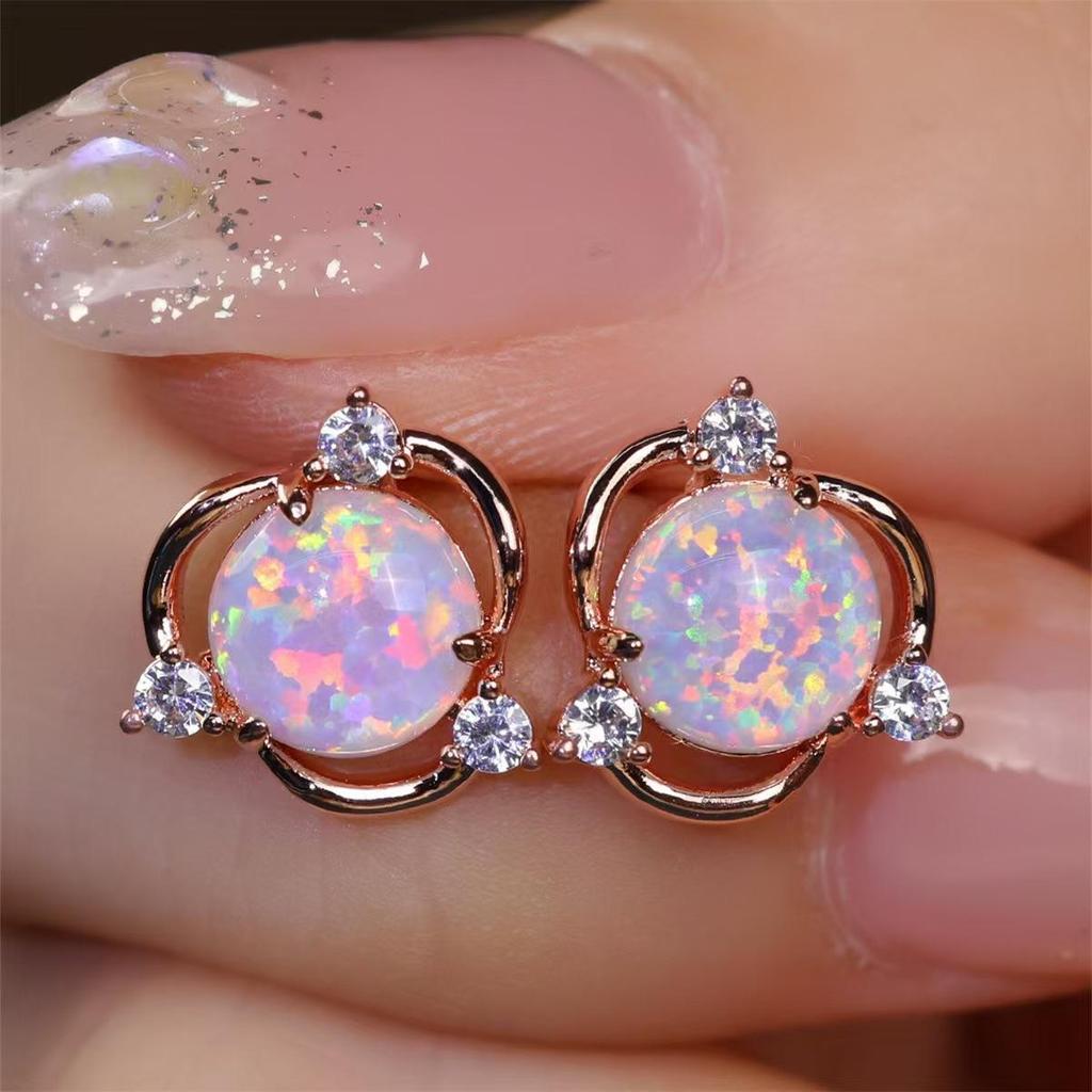 1 Pairs of Exquisite Copper Earrings Set with Opal Featuring Small Flower Design Elegant Retro Style for Autumn and Winter Valentine's Day