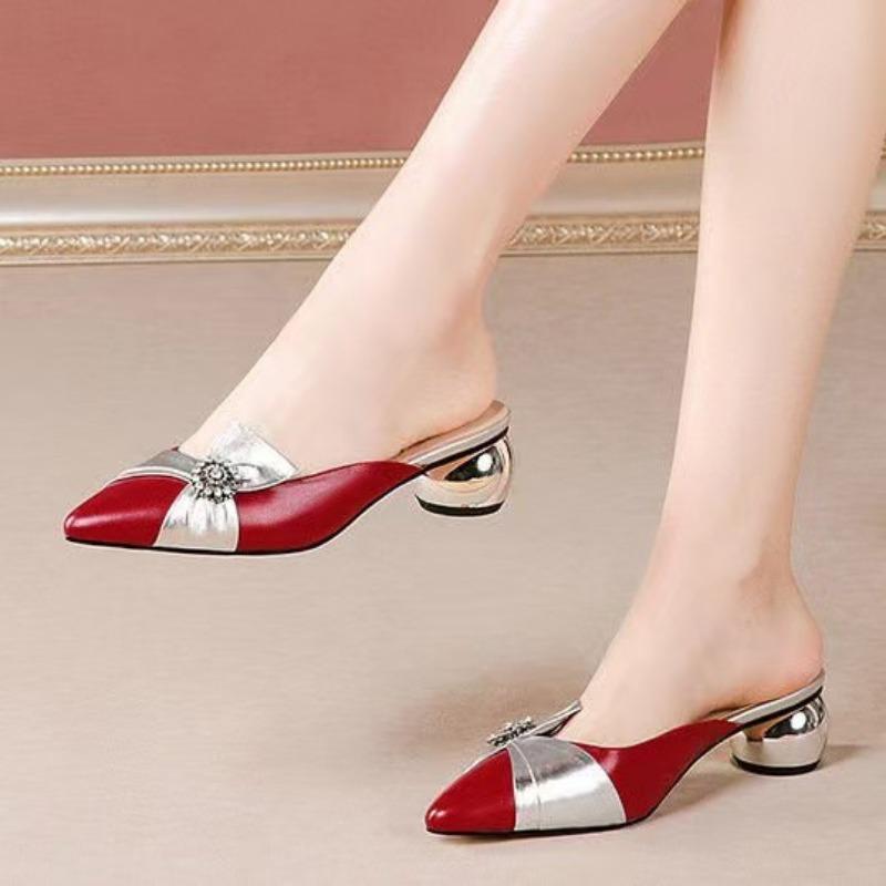 Baotou half slippers women's middle heel summer new fashion outer wear sandals women's thick heel pointed women's slippers