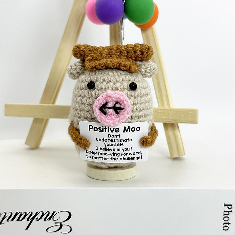 Funny Positive Crochet Cow Doll Desktop Ornament Handmade Cheer Emotional Support Positive Cow with Card Home Party Decoration