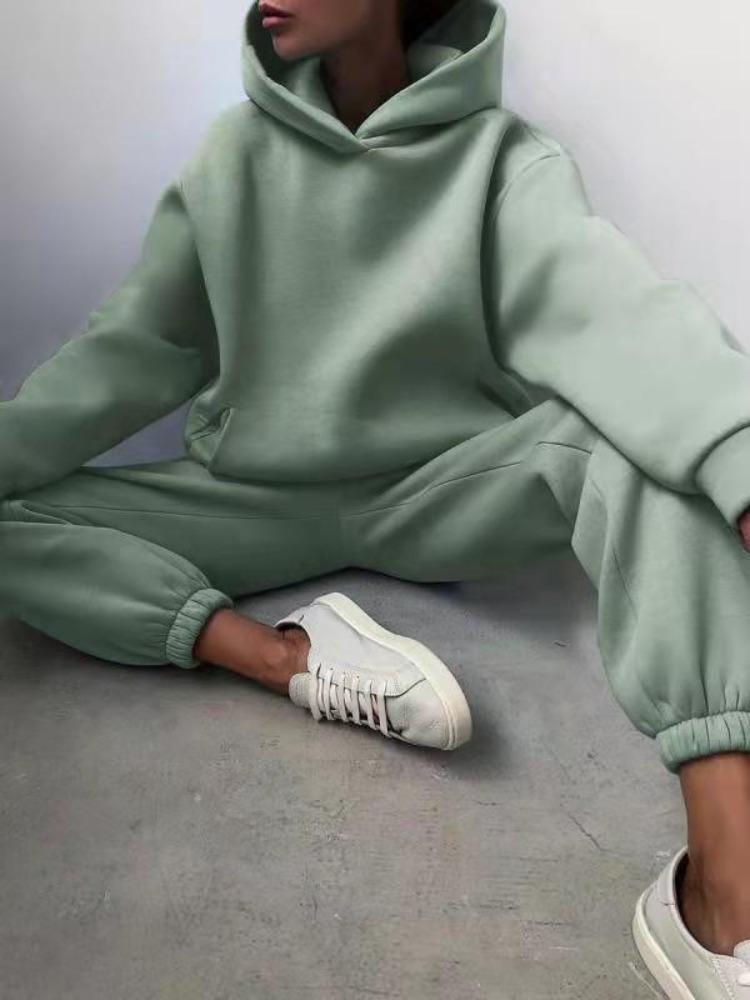 Elegant Women Two Piece Sets Warm Hoodie Sweatshirt And Long Pant Fashion Solid Suits For Ladies
