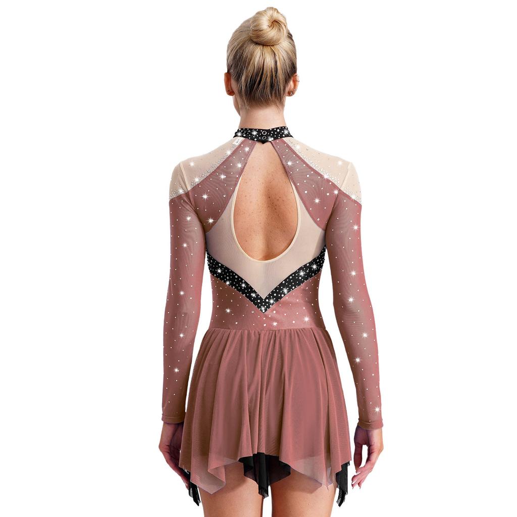 Damska sukienka do tańca lirycznego, blok kolorów, przezroczysta siateczka patchwork, błyszczące cyrkonie, asymetryczna odzież taneczna