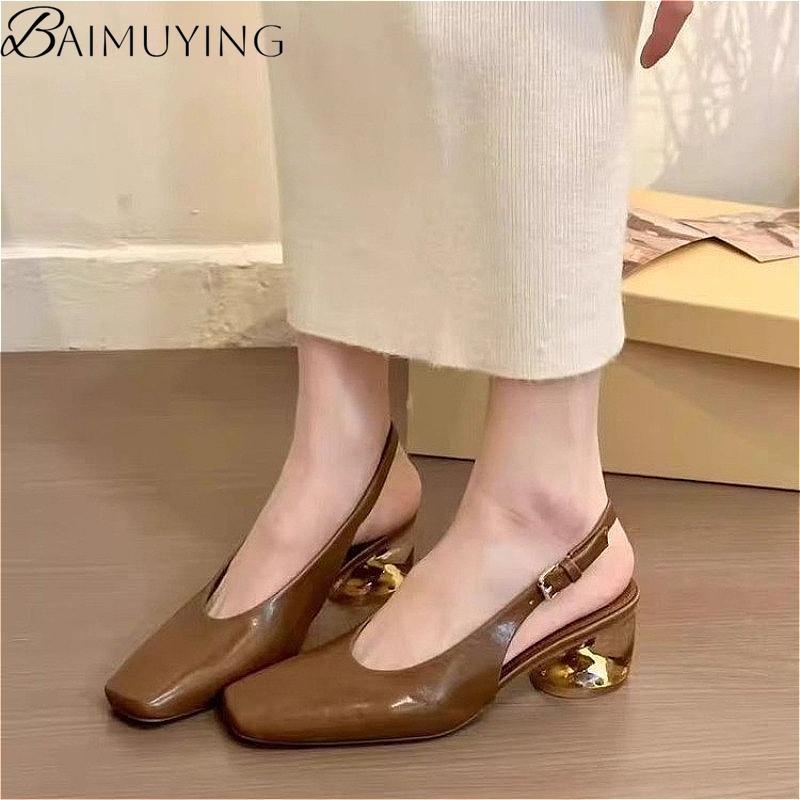 Fashion High Heels Women Sandals Square Toe Slippers Shoes Designer Summer Slingback 2024 Trend Soft Leather Dress Chunky Pumps Fashion