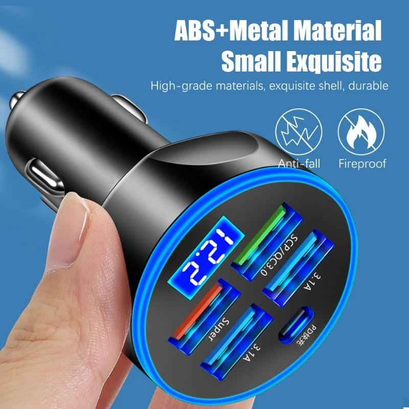 5 In1 250W Car Charging Five-hole Simultaneous Charging Adapter Type-C Car Charger with Digital Display PD QC3.0 Phone Charger