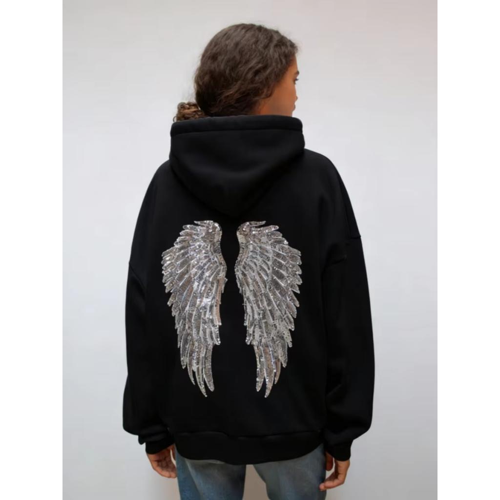 2KWEIRD Women's Shinny Sequin Angel Wings Hooded Jacket Pant Long Sleeve Loose Casual Hooded Pullover New Lady Y2K Autumn Outwears