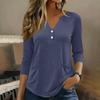 Womens 34 Sleeve V Neck Henley Pullover Top with Button and Front Pockets for Casual Daily Wear