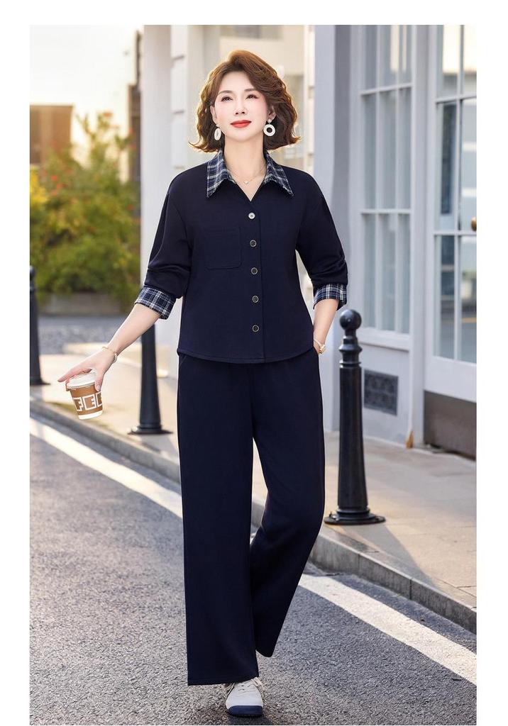 Mom's Spring Casual Korean Style Two-Piece Suit: Fashionable Age-Reducing Shirt and Jacket Set for Middle-Aged & Elderly Women